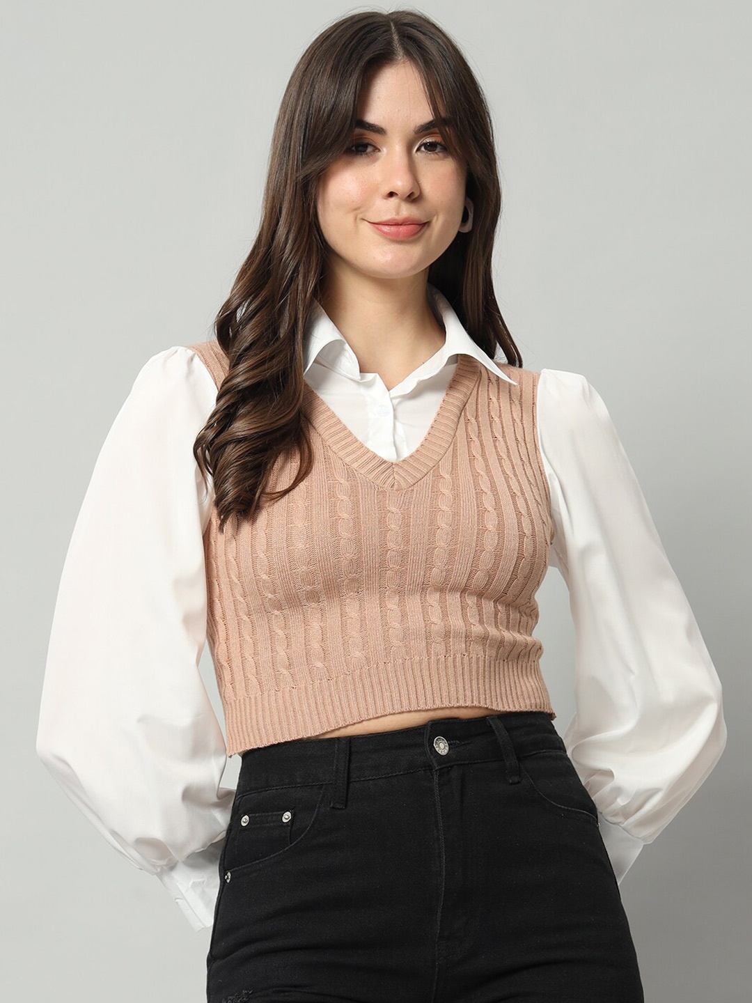

BROOWL Cable Knit Self Design V-Neck Woollen Crop Sweater Vest, Beige