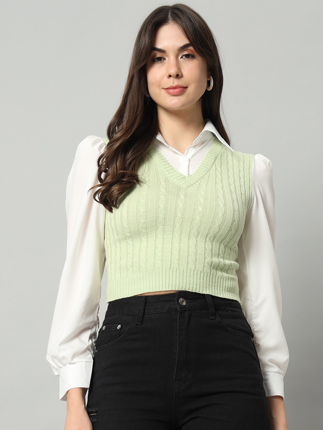 

BROOWL Cable Knit Self Design V-Neck Woollen Crop Sweater Vest, Green