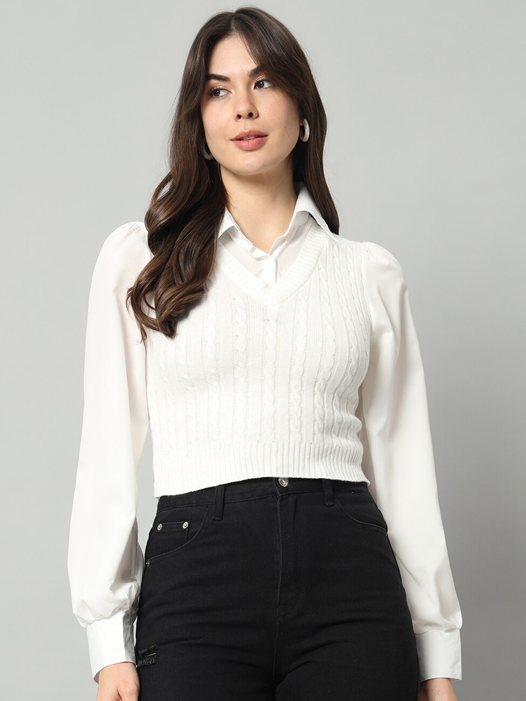 

BROOWL Cable Knit Self Design V-Neck Woollen Crop Sweater Vest, White