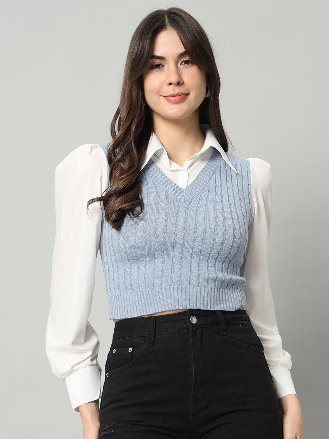 

BROOWL Cable Knit Self Design V-Neck Woollen Crop Sweater Vest, Blue