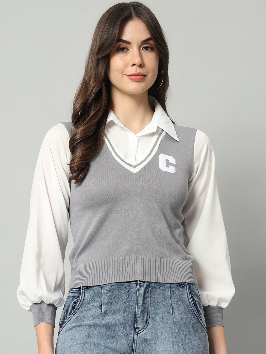 

BROOWL V-Neck Woollen Crop Sweater Vest, Grey