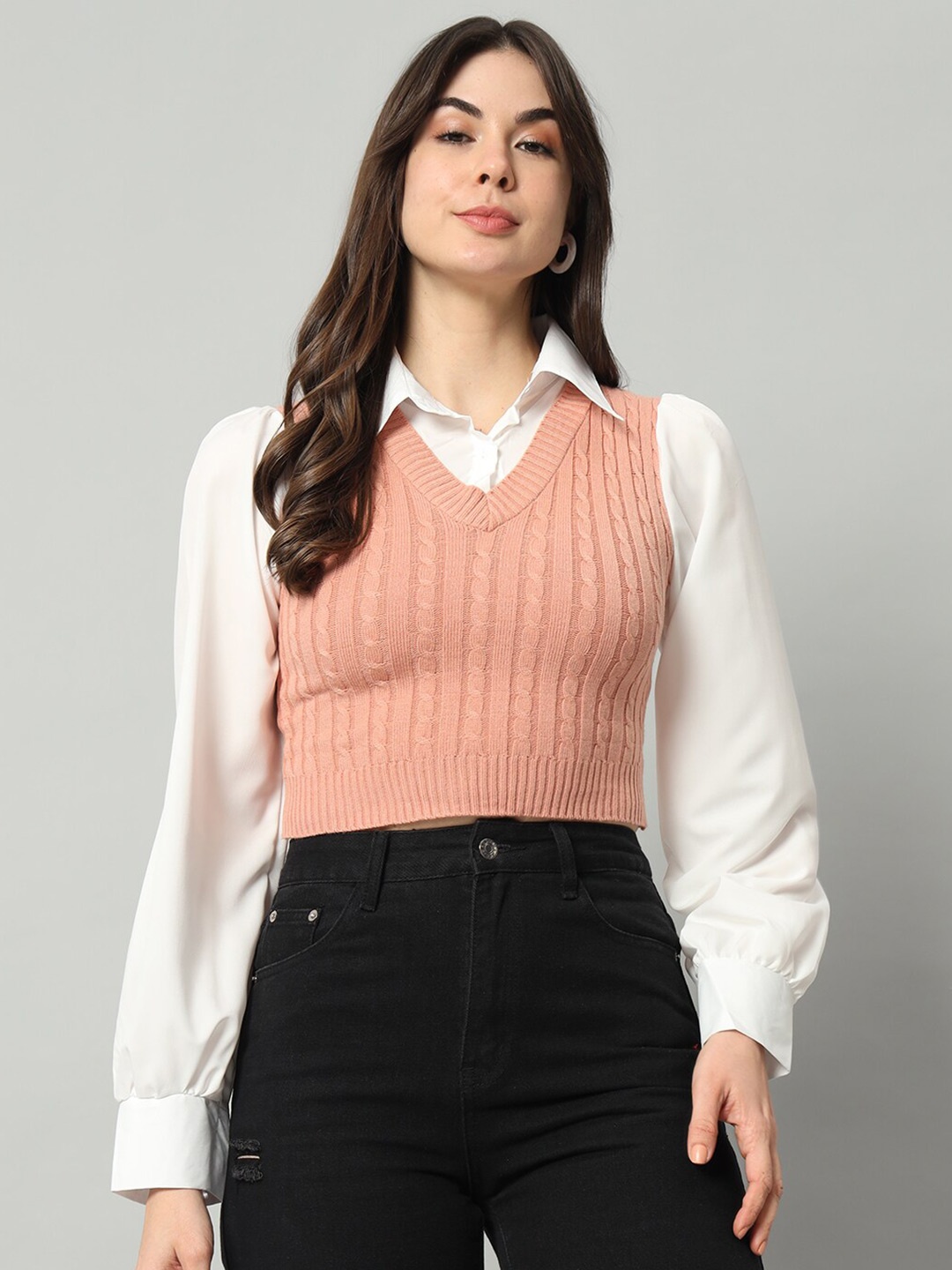

BROOWL Cable Knit Self Design V-Neck Woollen Crop Sweater Vest, Pink