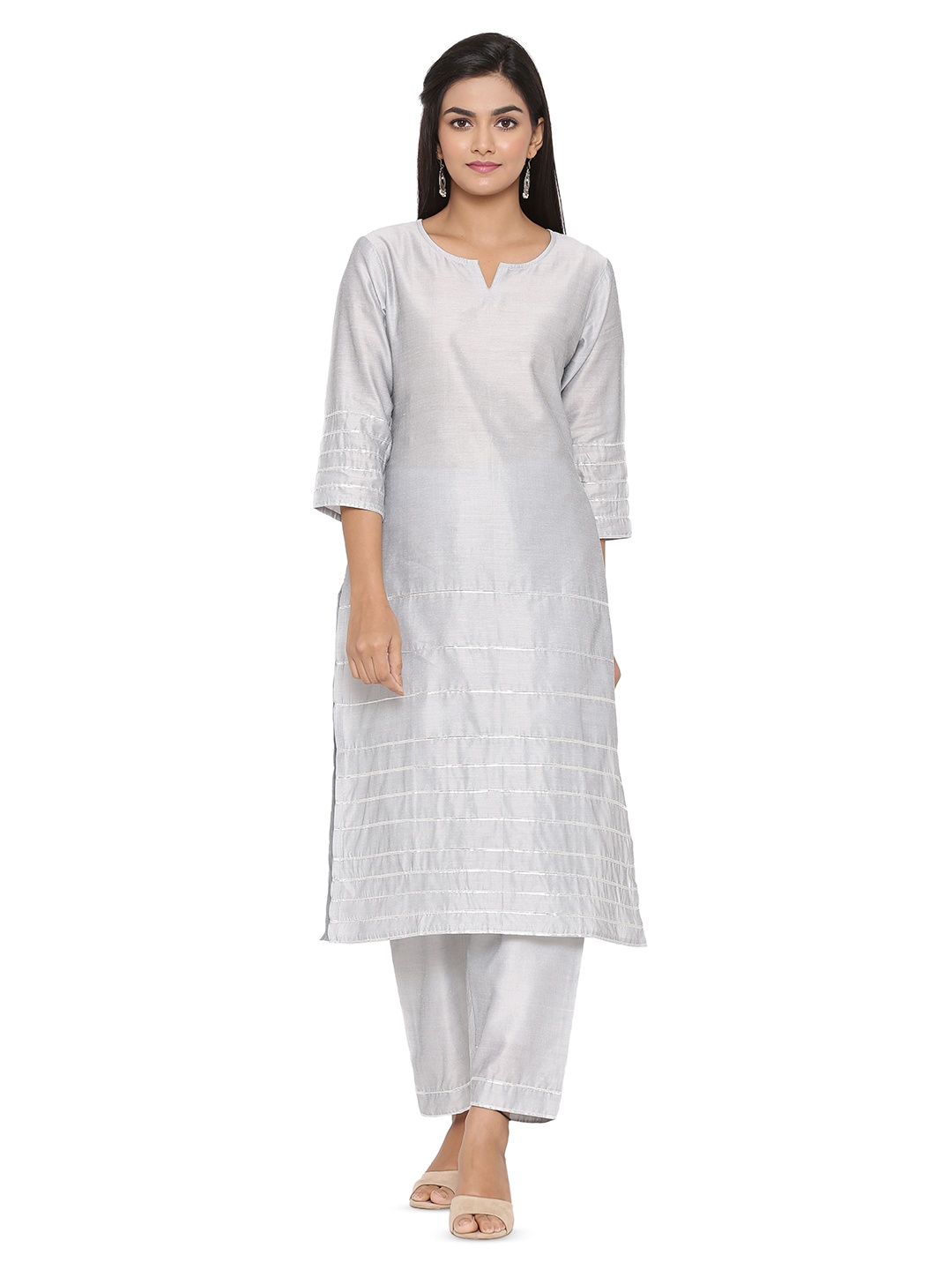 

mirari Round Neck Three-Quarter Sleeves Pure Gotta Patti Cotton Kurta with Trousers, Grey