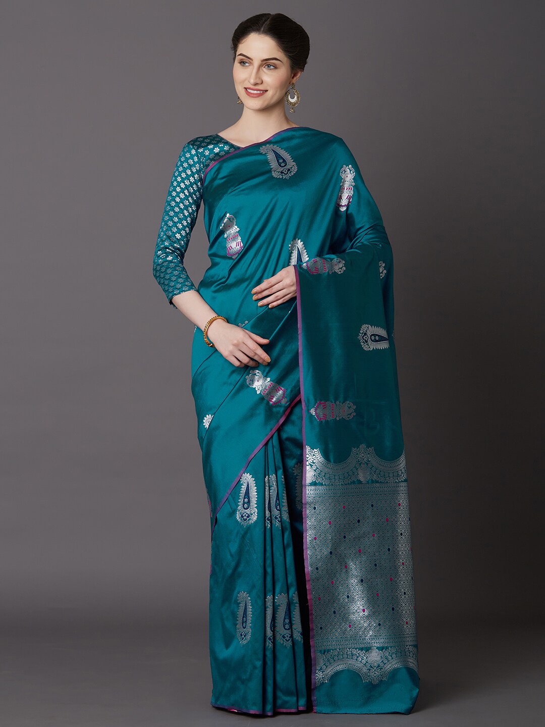 

Somras Paisley Zari Silk Blend Banarasi Saree, Turquoise blue