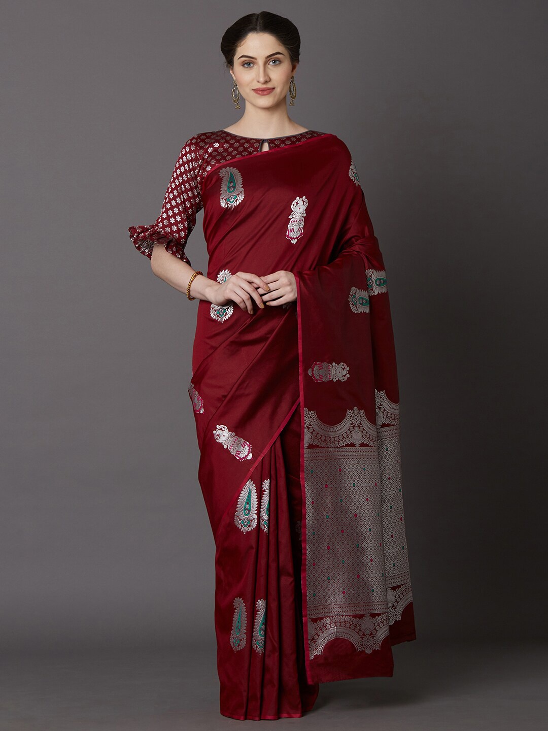 

Somras Paisley Zari Silk Blend Banarasi Saree, Maroon