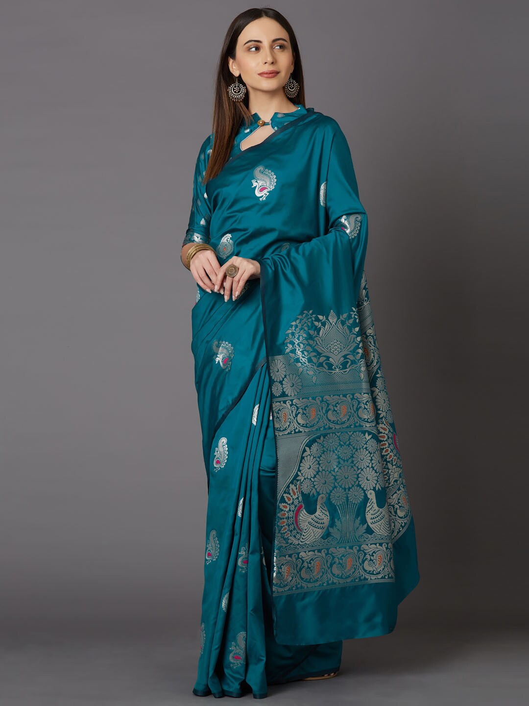 

Somras Zari Silk Blend Banarasi Saree, Teal