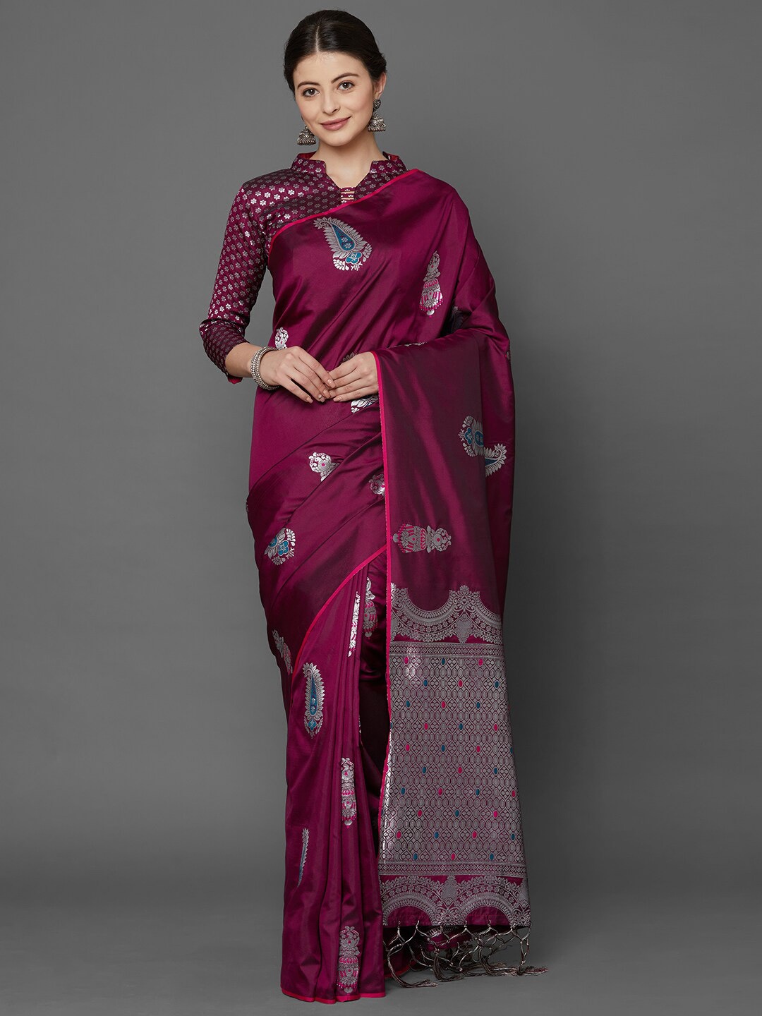 

Somras Paisley Zari Silk Blend Banarasi Saree, Magenta