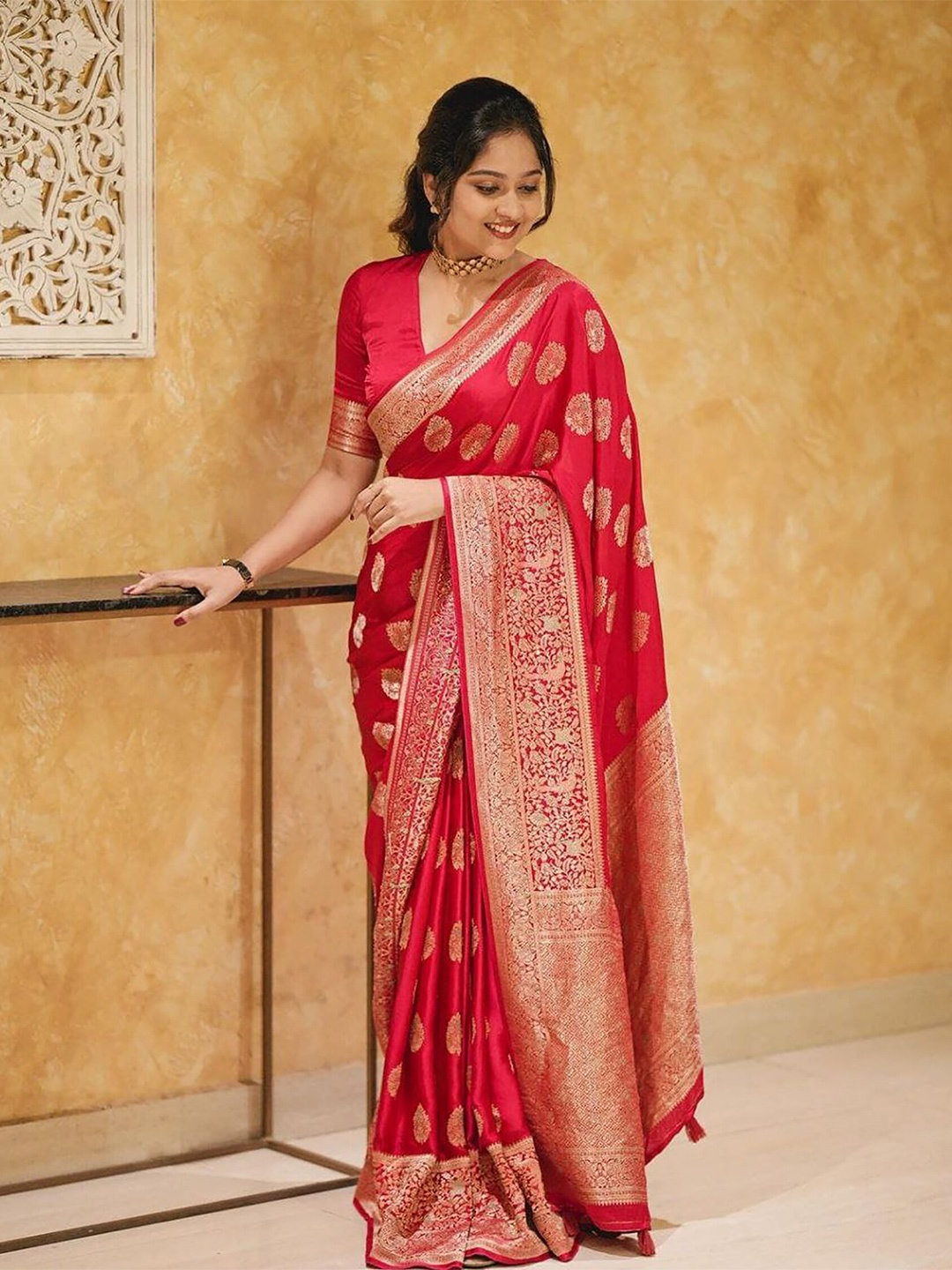 

KALINI Ethnic Motifs Woven Design Zari Silk Cotton Banarasi Saree, Red