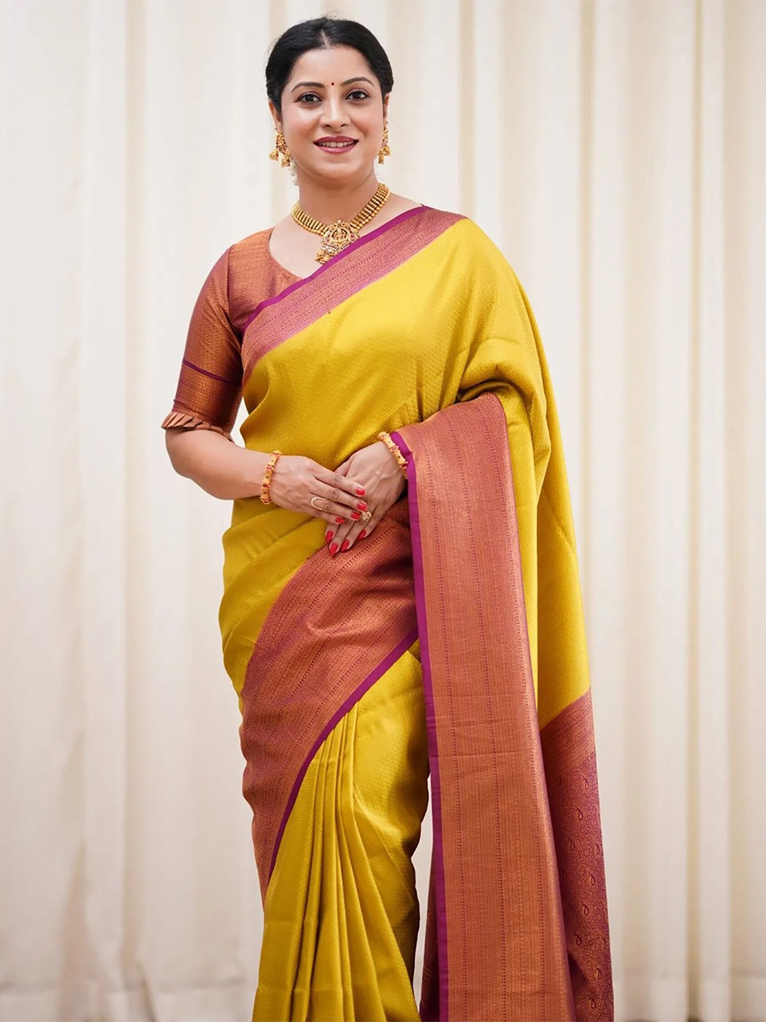 

KALINI Yellow Ethnic Woven Designer Cotton Silk Saree