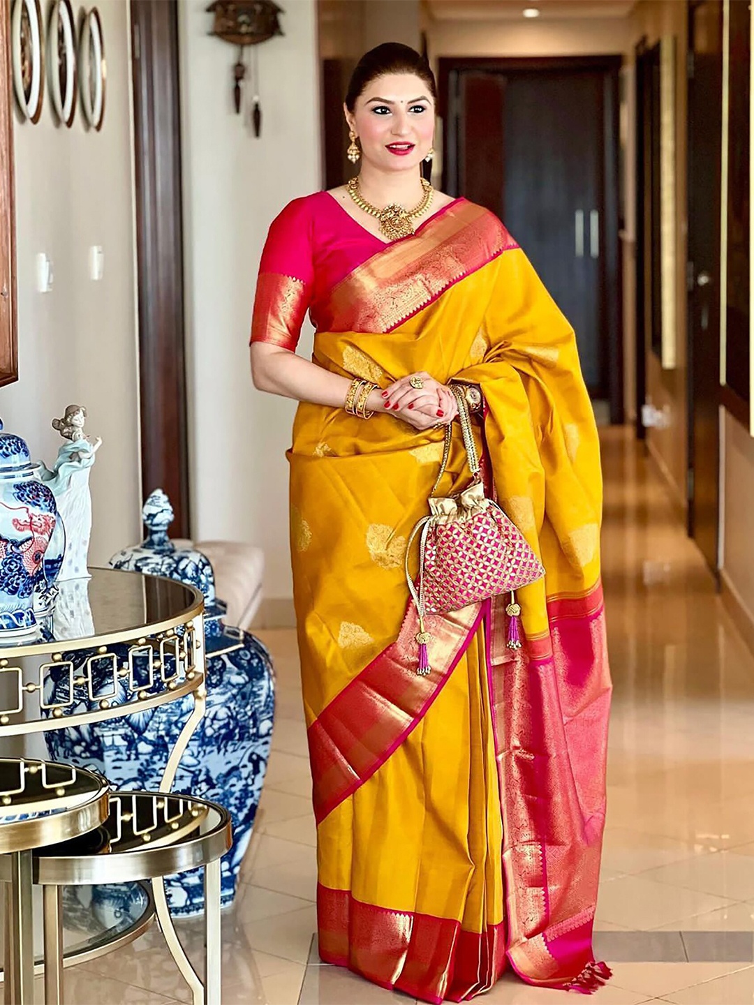 

KALINI Ethnic Motifs Woven Design Zari Silk Cotton Banarasi Saree, Yellow