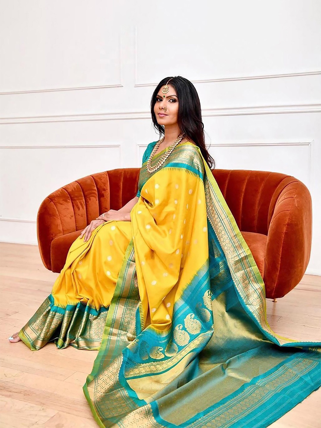 

KALINI Ethnic Motifs Woven Design Zari Silk Cotton Banarasi Saree, Yellow