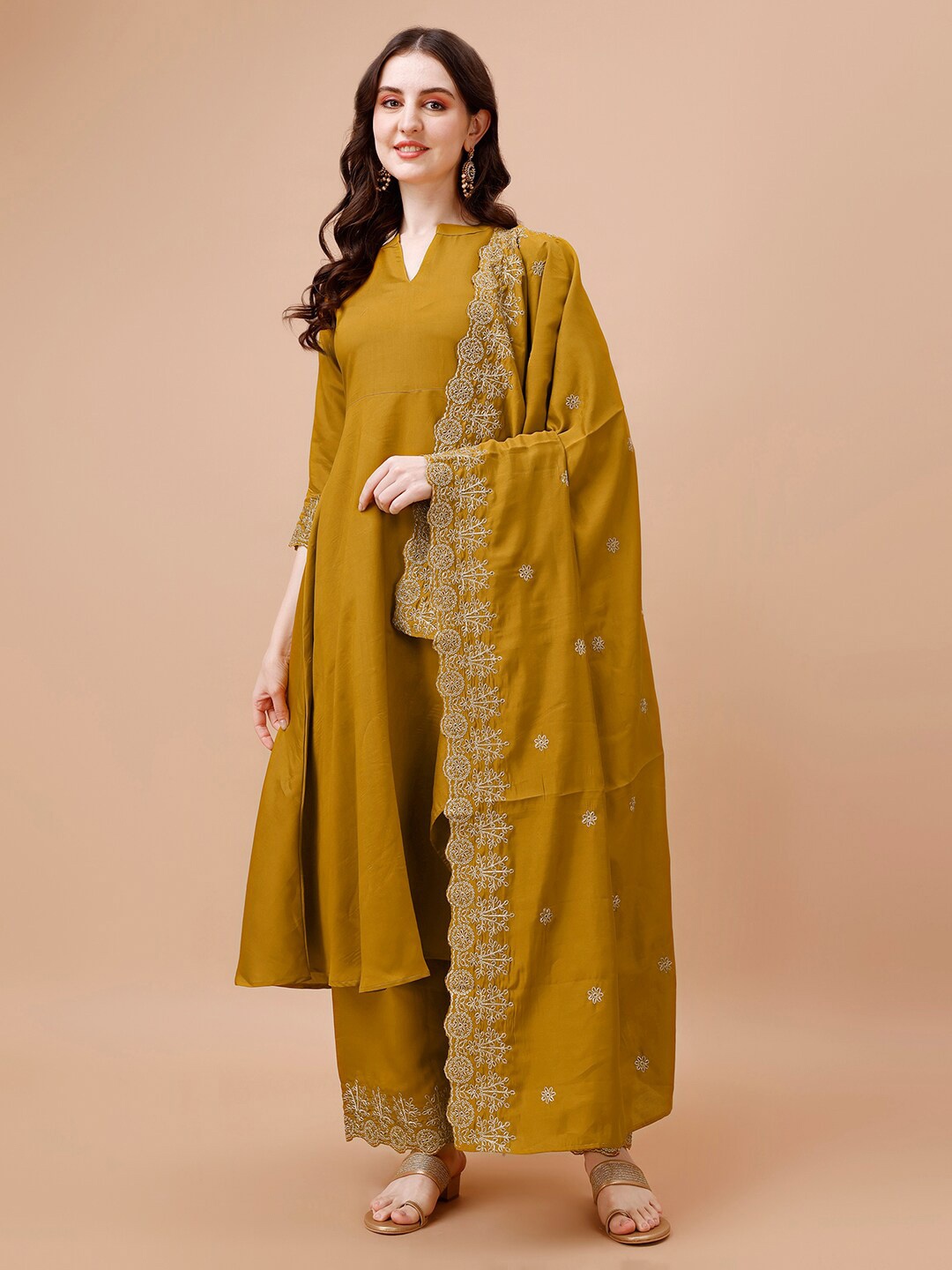 

KALINI Ethnic Motifs Embroidered Anarkali Kurta With Palazzos & Dupatta, Yellow