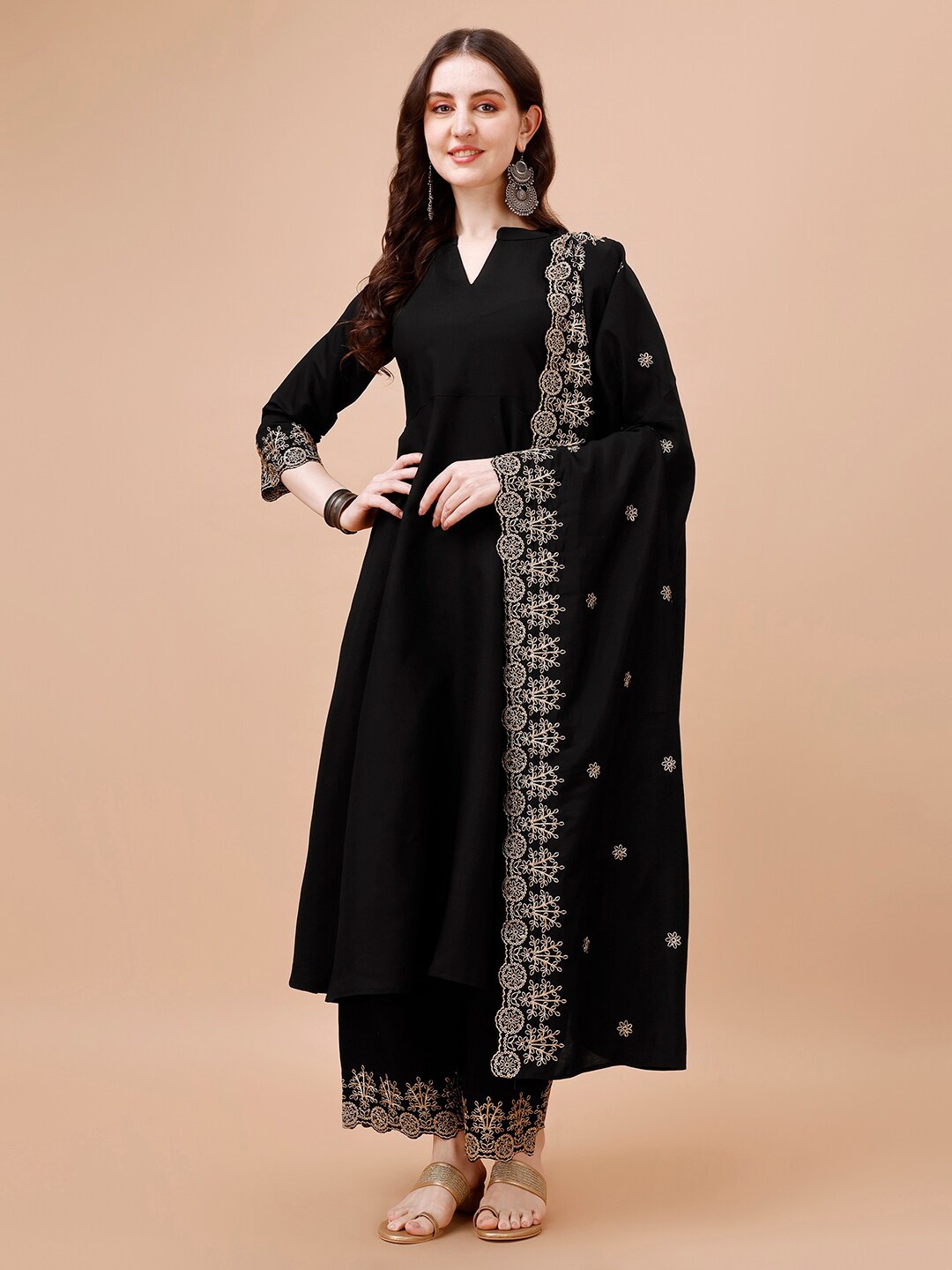 

KALINI Ethnic Motifs Embroidered Anarkali Kurta With Palazzos & Dupatta, Black