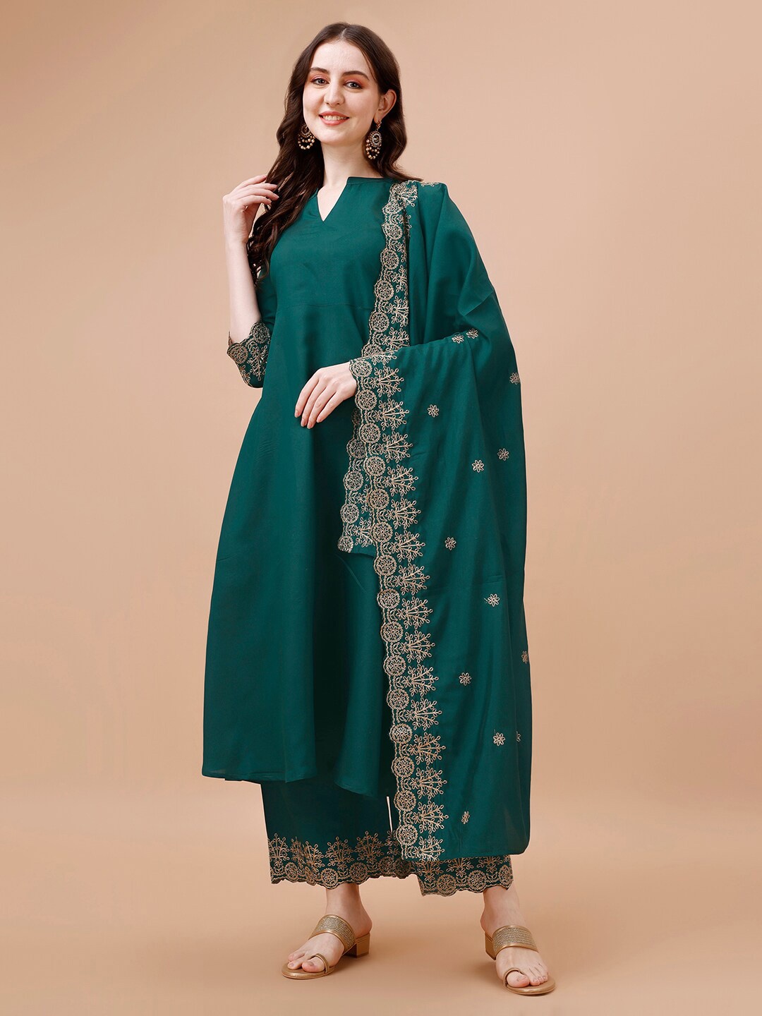 

KALINI Ethnic Motifs Embroidered Anarkali Kurta With Palazzos & Dupatta, Green