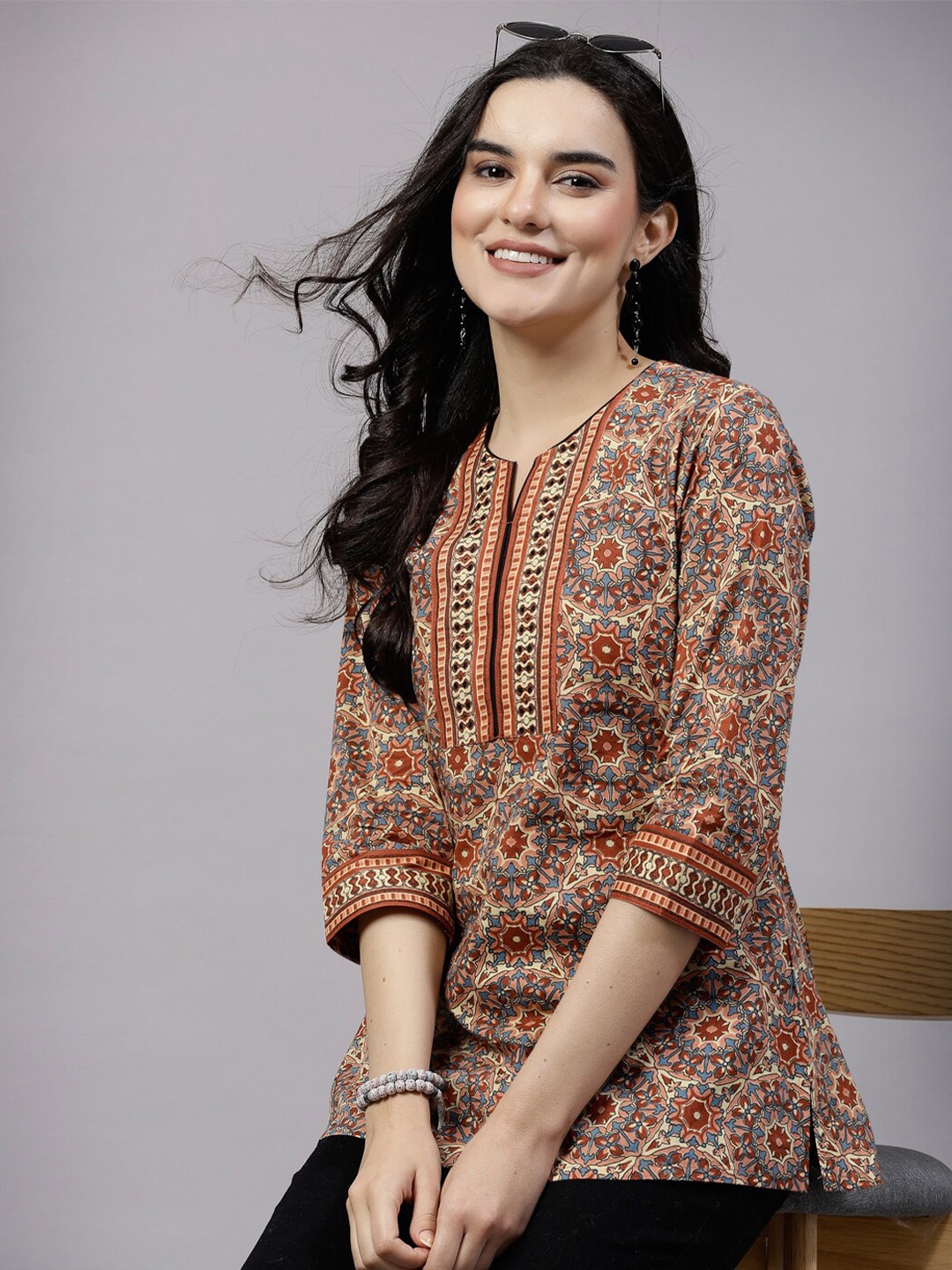 

QOMN Ethnic Motif Printed Three-Quarter Sleeves Cotton Top, Rust