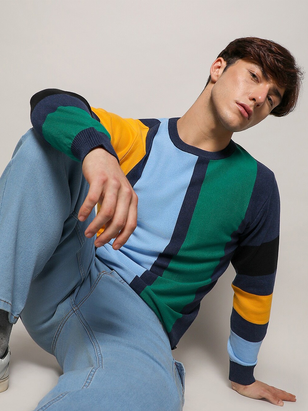 

Campus Sutra Colourblocked Woollen Pullover, Blue