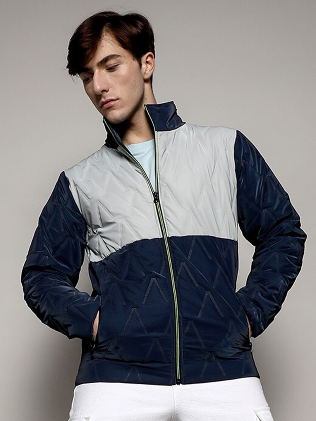 

Campus Sutra Colourblocked Quilted Windcheater Outdoor Bomber Jacket, Grey