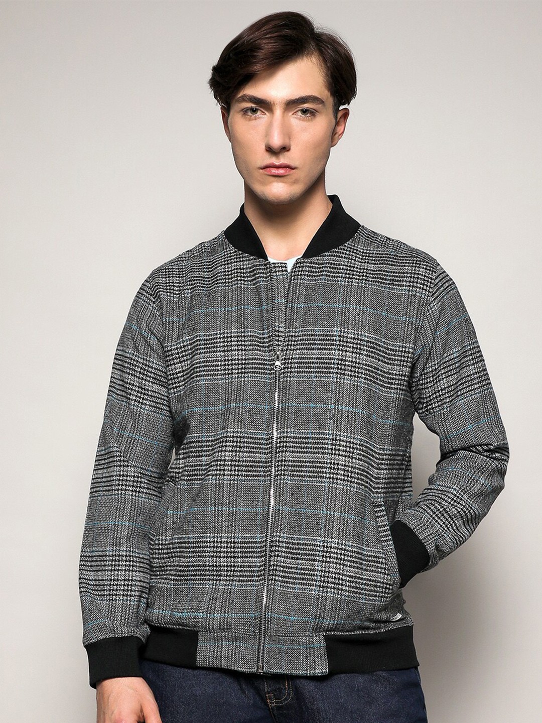 

Campus Sutra Checked Stand Collar Windcheater Bomber Jacket, Black