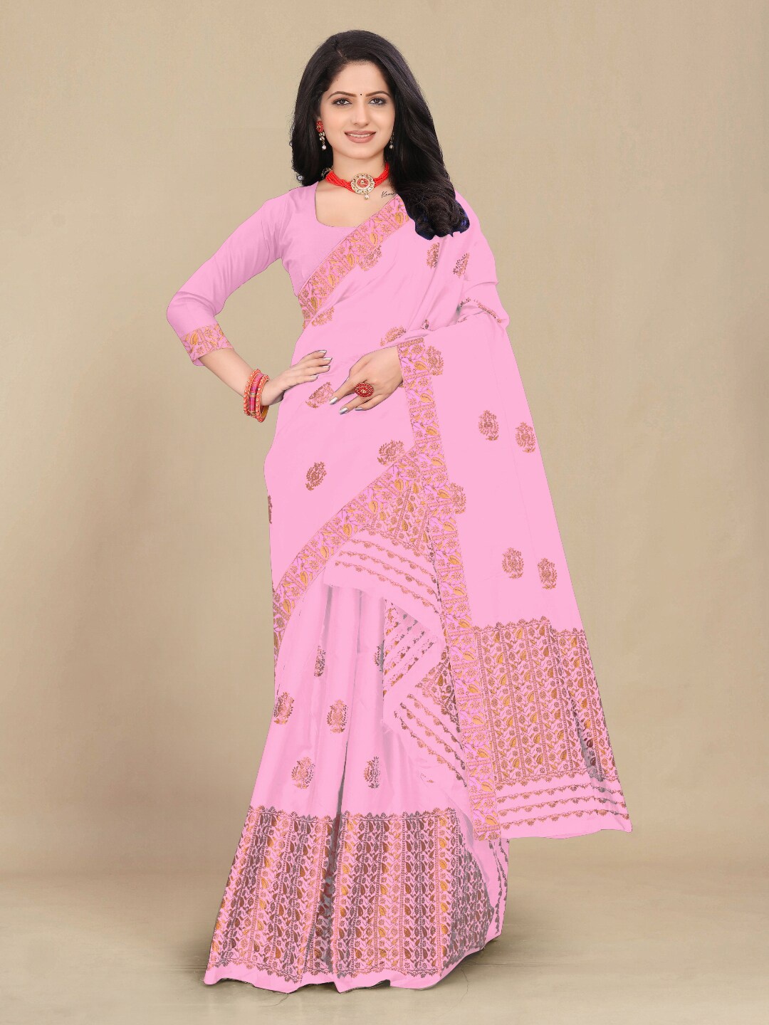 

KAMDAR Women Traditional Assamese Poly Pat Silk Sador Mekhela, Pink
