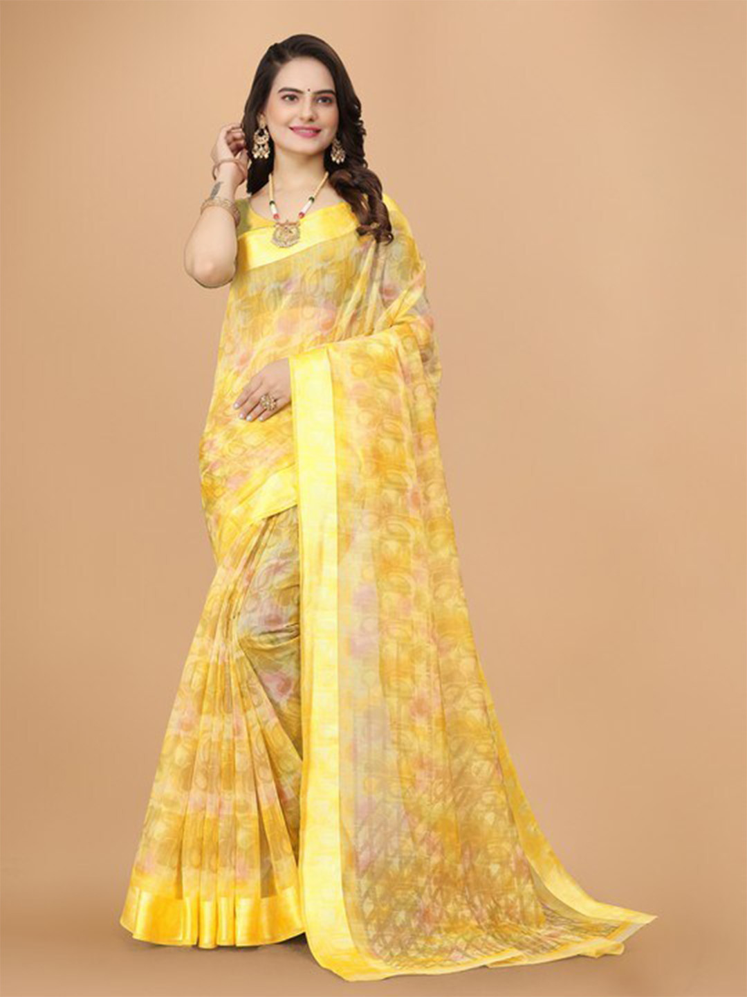 

KALINI Floral Woven Design Zari Pure Linen Saree, Yellow