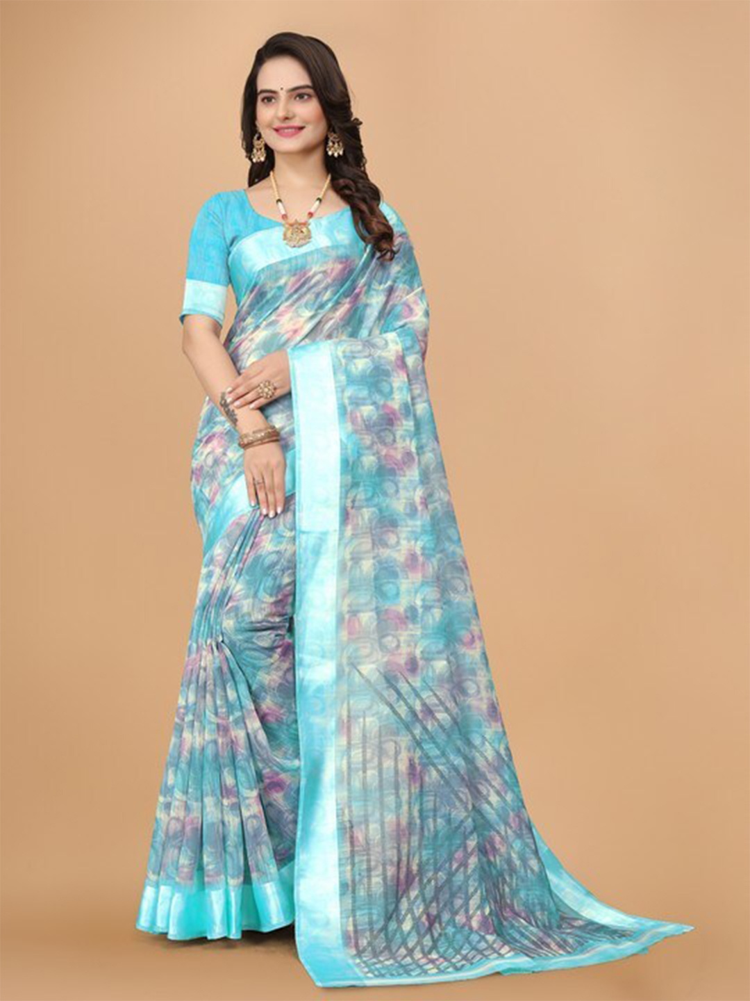 

KALINI Floral Woven Design Zari Pure Linen Saree, Blue