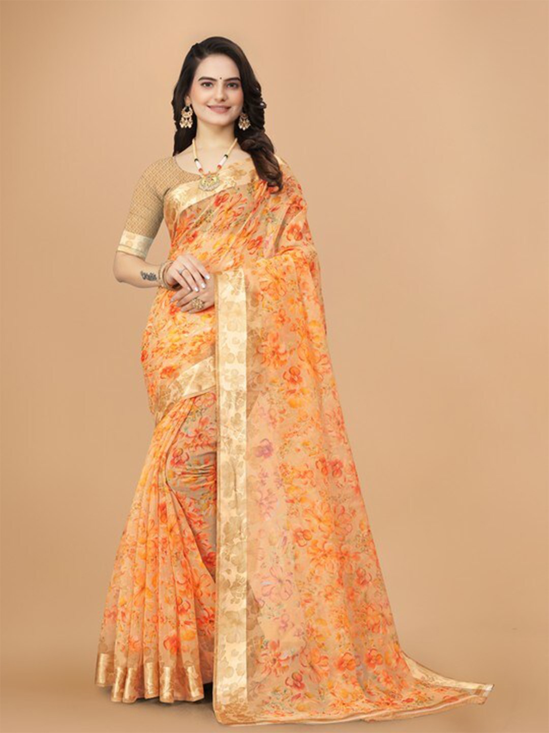 

KALINI Orange Floral Zari Pure Linen Designer Saree