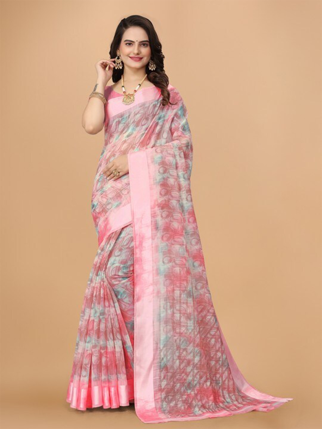 

KALINI Floral Woven Design Zari Pure Linen Saree, Pink
