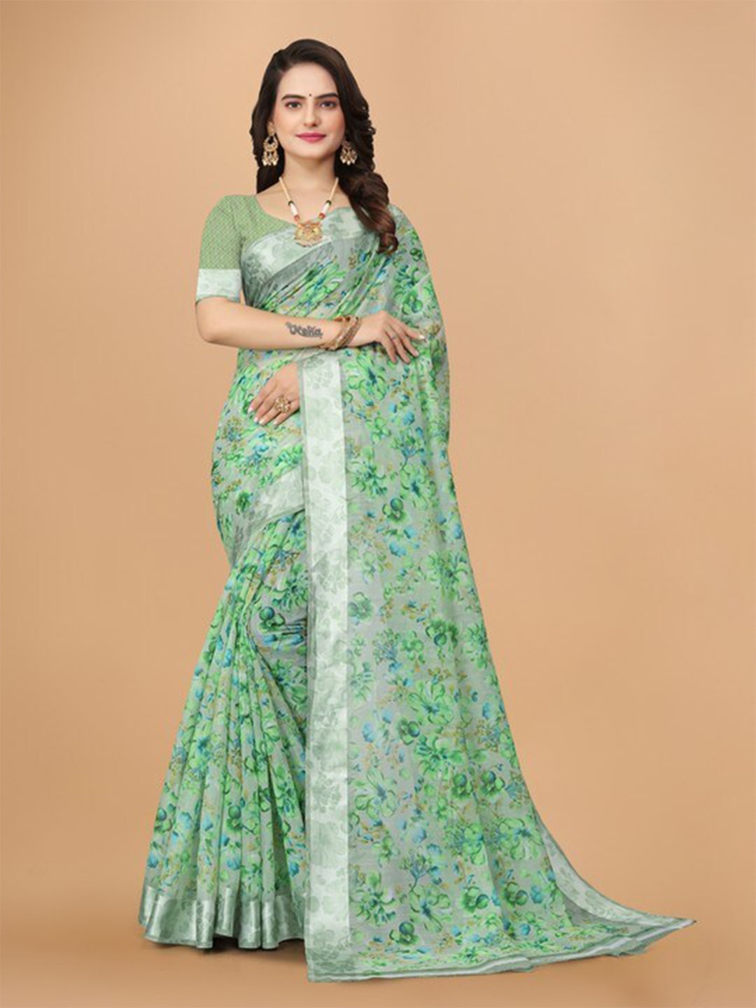 

KALINI Floral Printed Woven Design Pure Linen Saree, Green