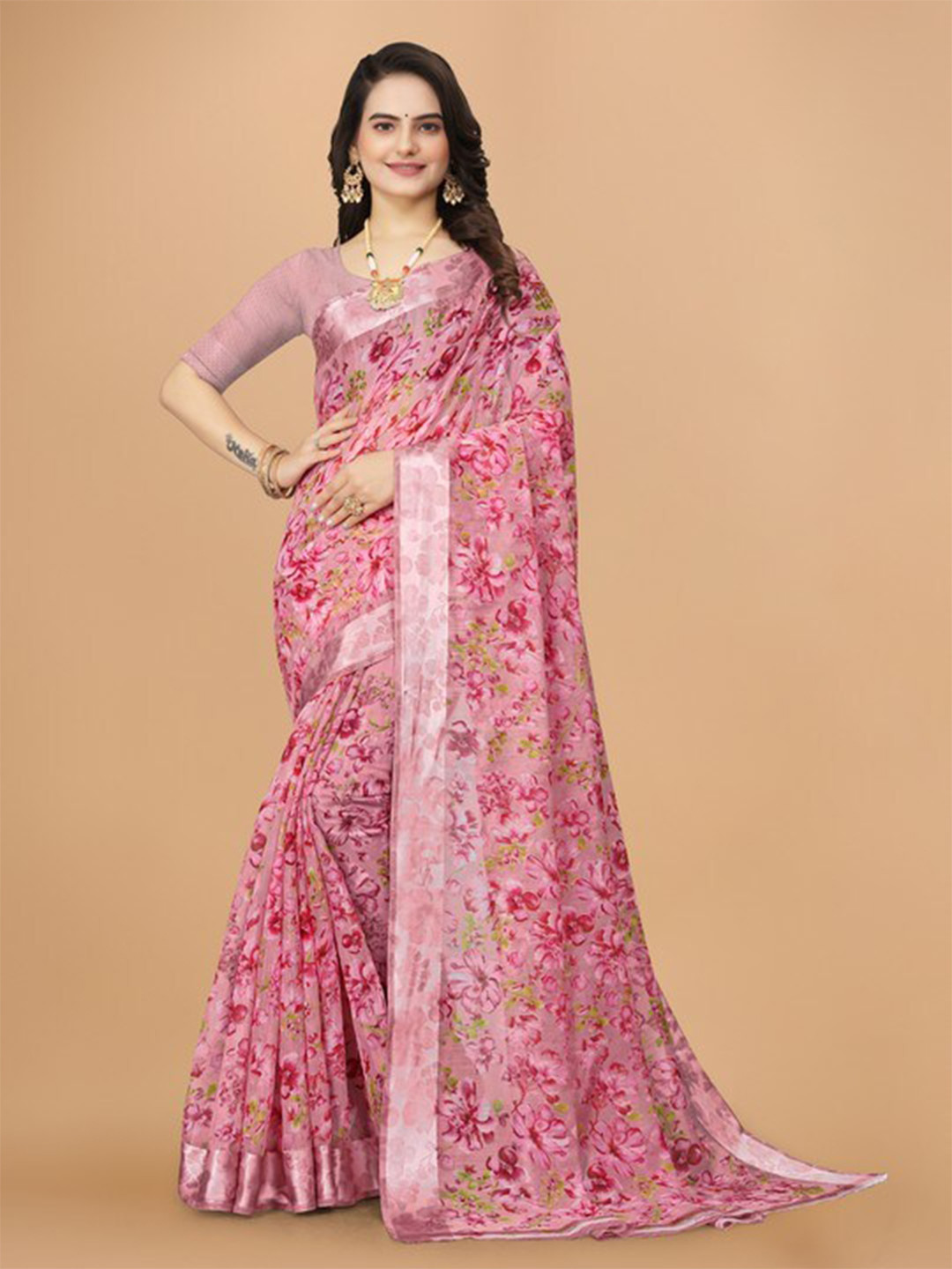 

KALINI Floral Printed Woven Design Pure Linen Saree, Pink