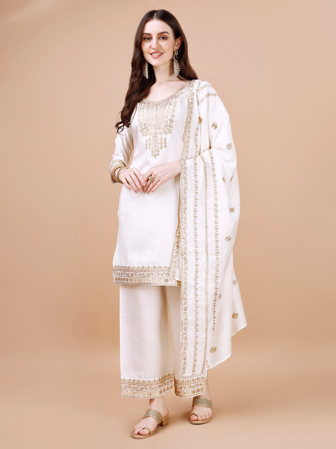 

KALINI Ethnic Motifs Embroidered Straight Kurta With Palazzos & Dupatta, White