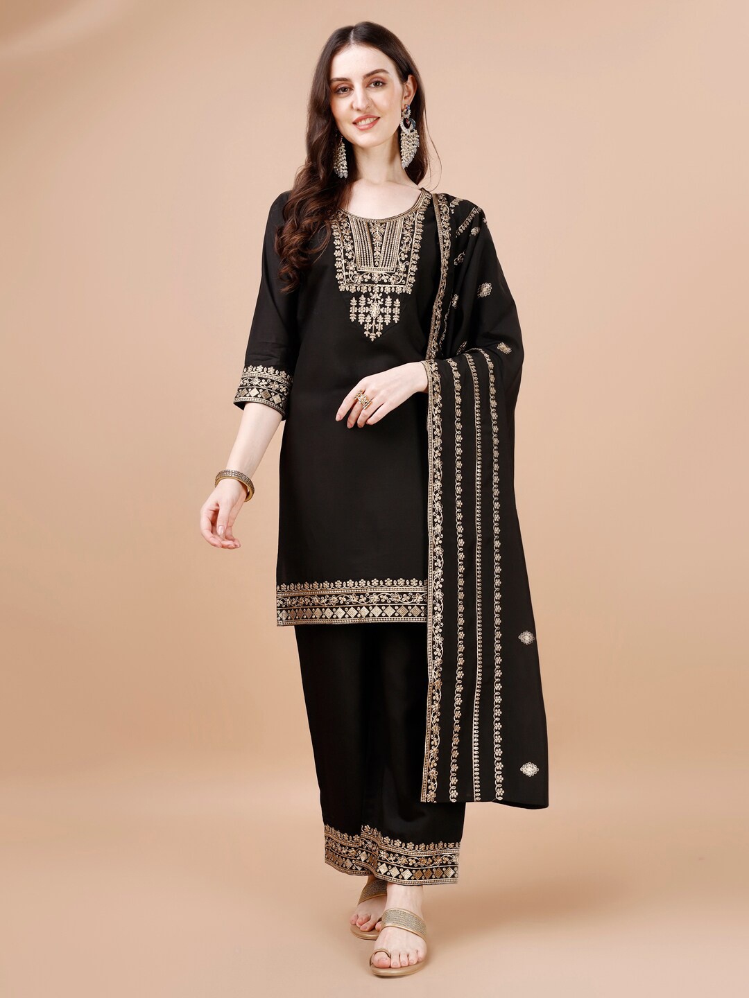 

KALINI Ethnic Motifs Embroidered Straight Kurta With Palazzos & Dupatta, Black