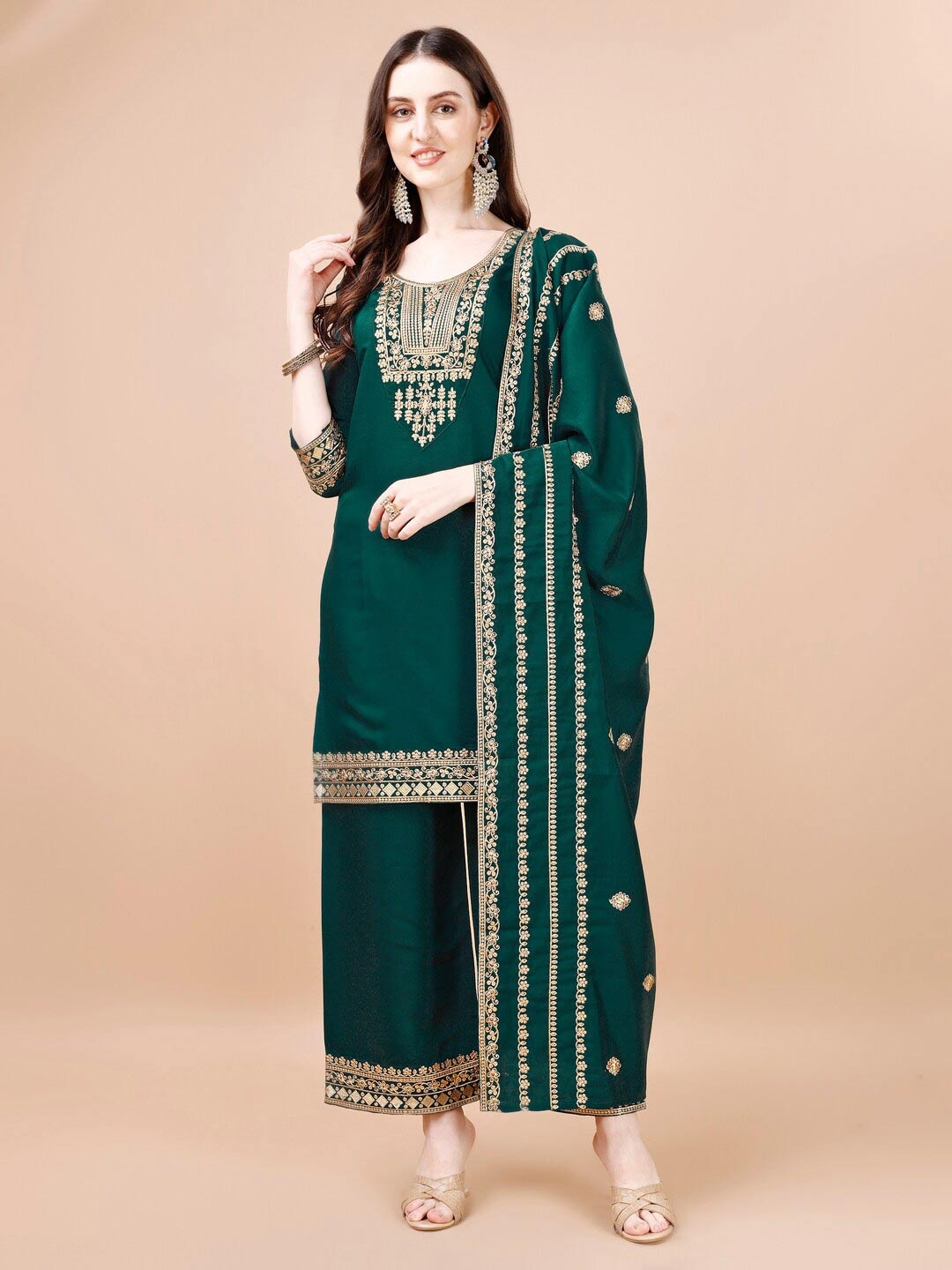 

KALINI Ethnic Motifs Embroidered Regular Kurta With Palazzos & Dupatta, Green