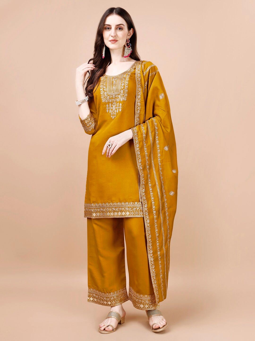 

KALINI Ethnic Motifs Embroidered Straight Kurta With Palazzos & Dupatta, Yellow