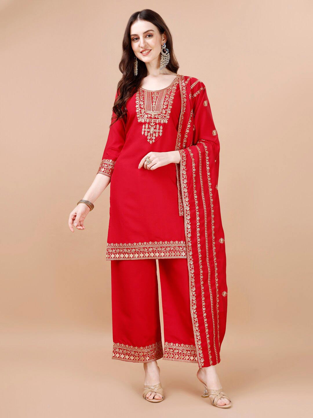 

KALINI Ethnic Motifs Embroidered Straight Kurta With Palazzos & Dupatta, Red