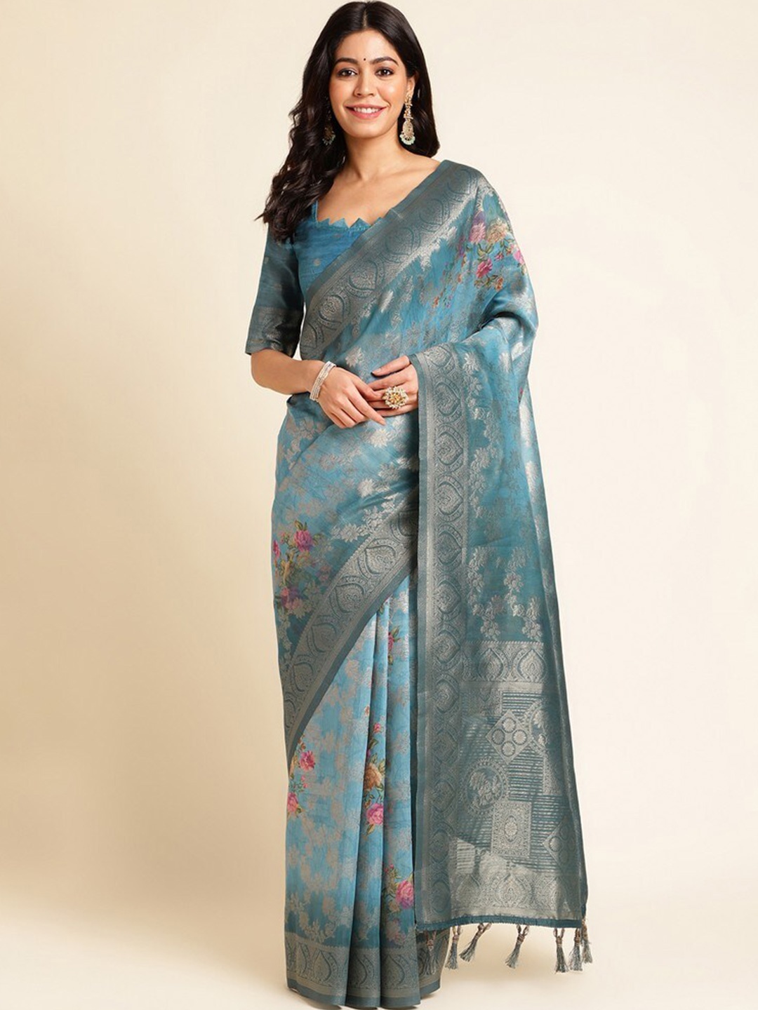 Mitera Woven Design Zari Silk Cotton Saree, Blue