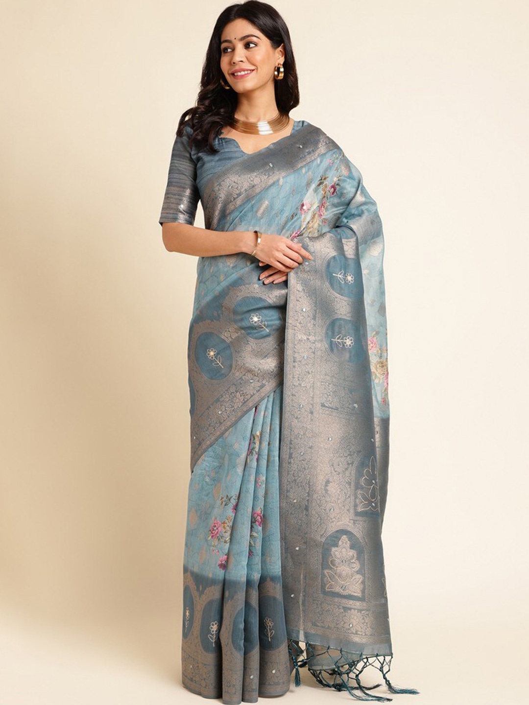 

Mitera Woven Design Zari Silk Cotton Saree, Teal