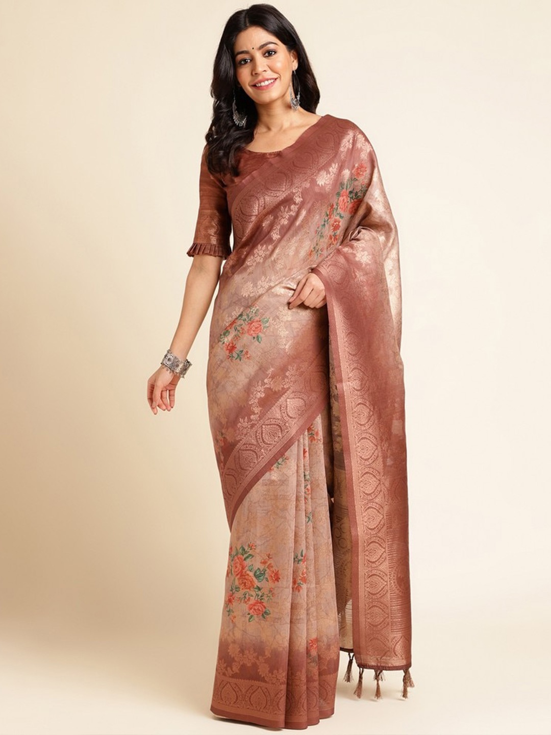 

Mitera Woven Design Floral Printed Zari Silk Cotton Saree, Peach