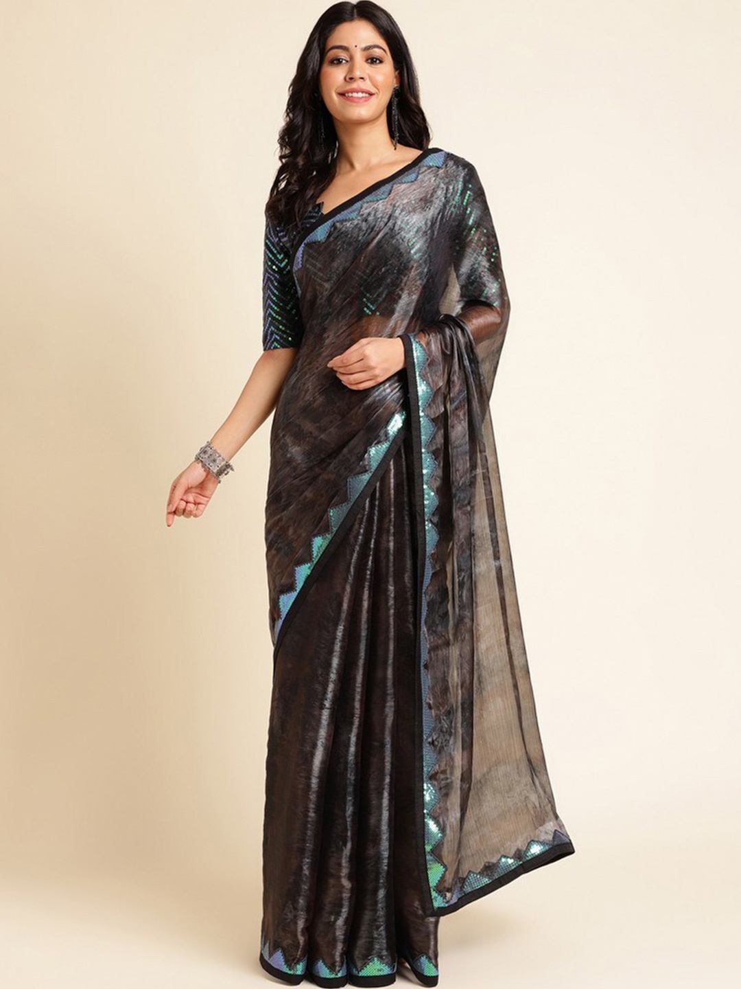 

Mitera Woven Design Sequinned Organza Saree, Black