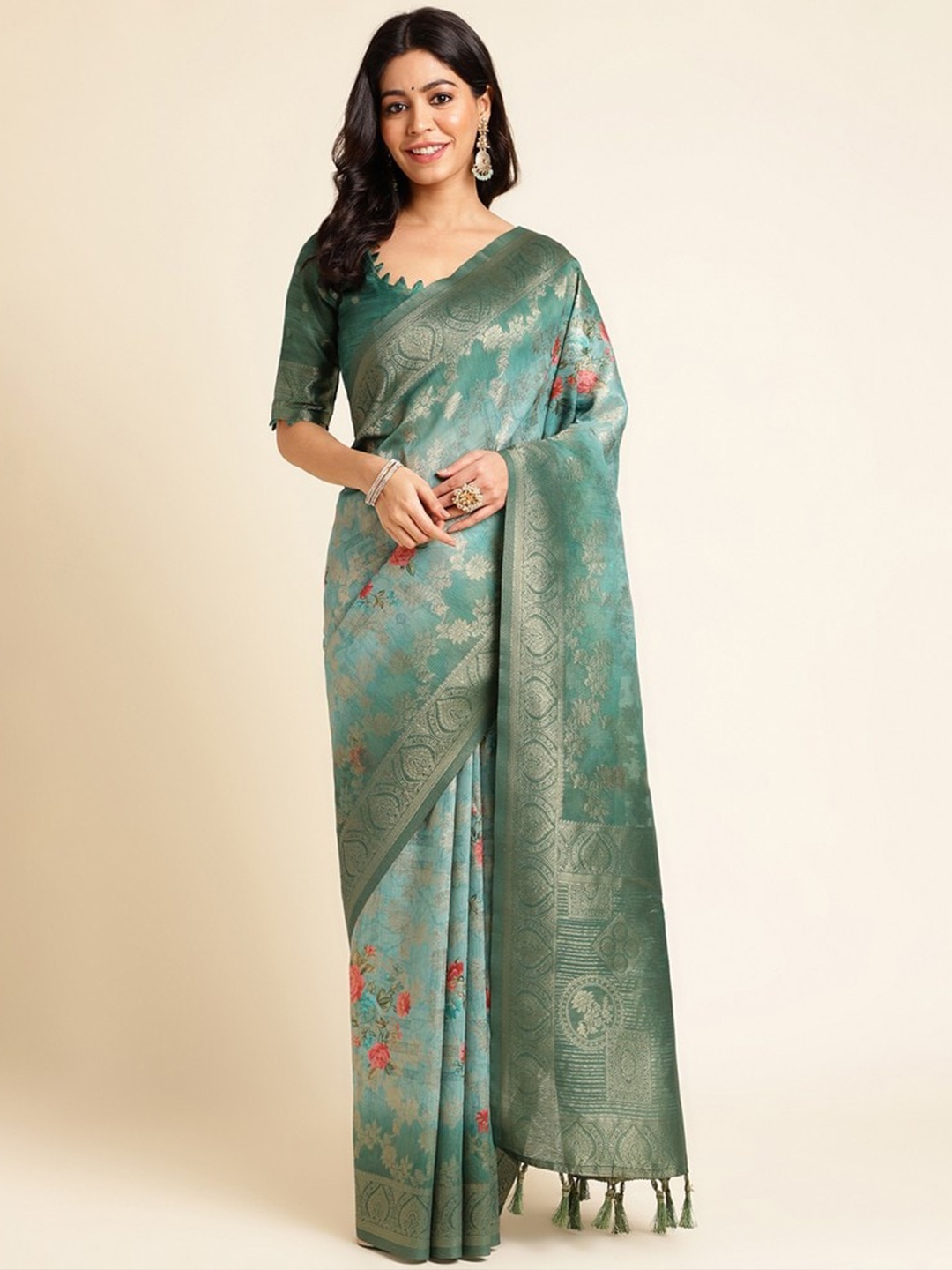 

Mitera Woven Design Silk Cotton Designer Saree, Teal