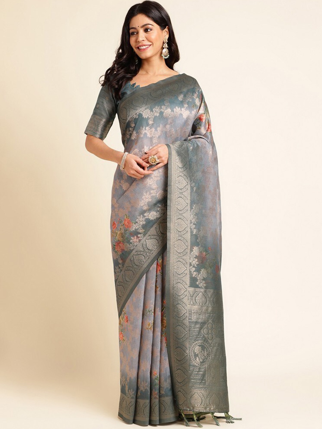 

Mitera Woven Design Silk Cotton Designer Saree, Grey