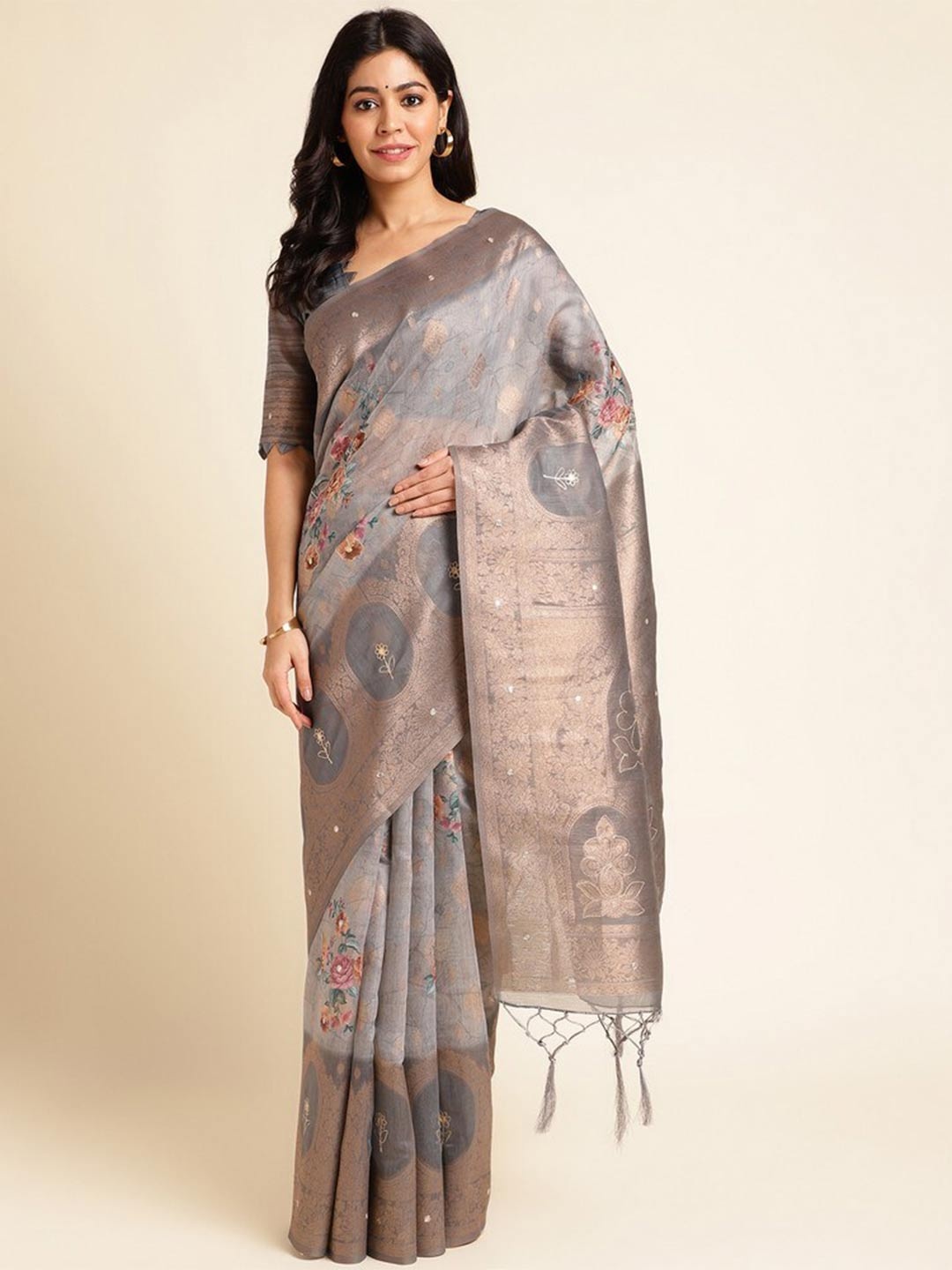 

Mitera Woven Design Silk Cotton Designer Saree, Grey