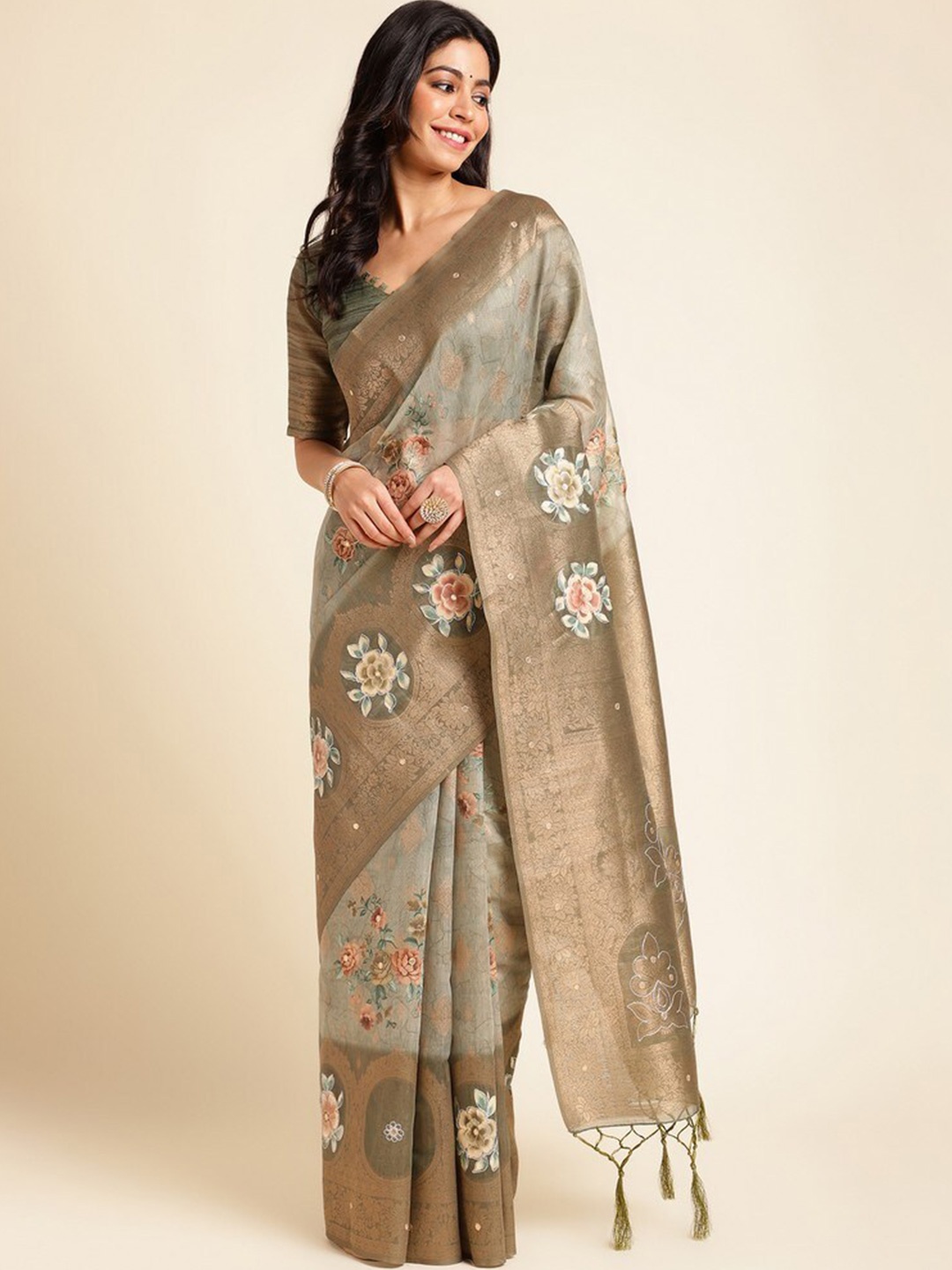 

Mitera Woven Design Silk Cotton Designer Saree, Green
