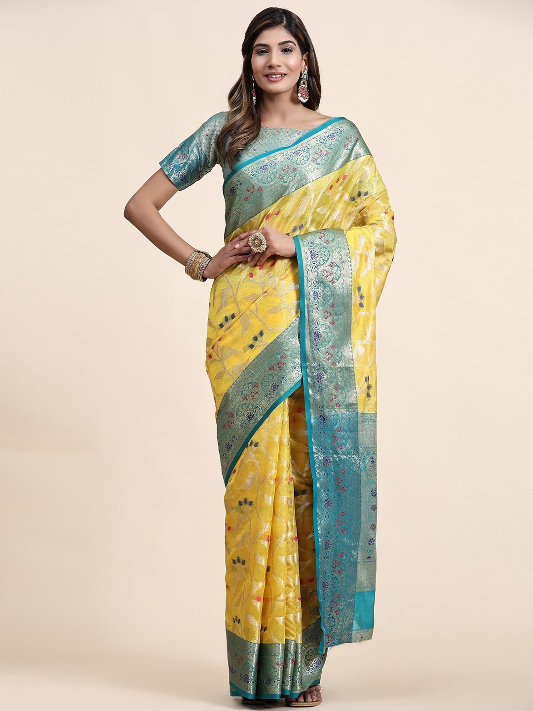 

bansari textiles Ethnic Motifs Woven Design Zari Banarasi Saree, Yellow