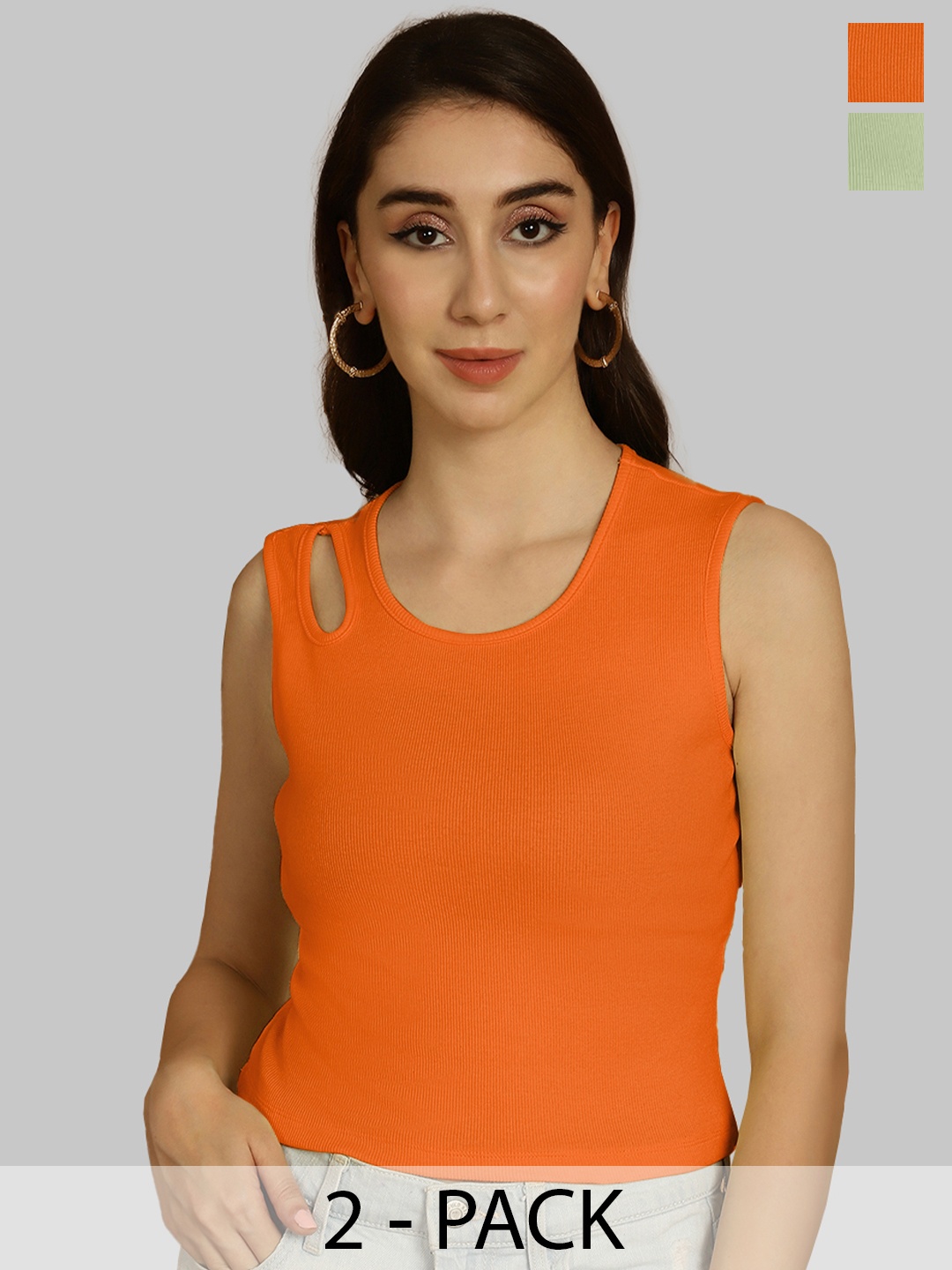 

Friskers Orange & Sea Green Keyhole Neck Cotton Sleeveless Top