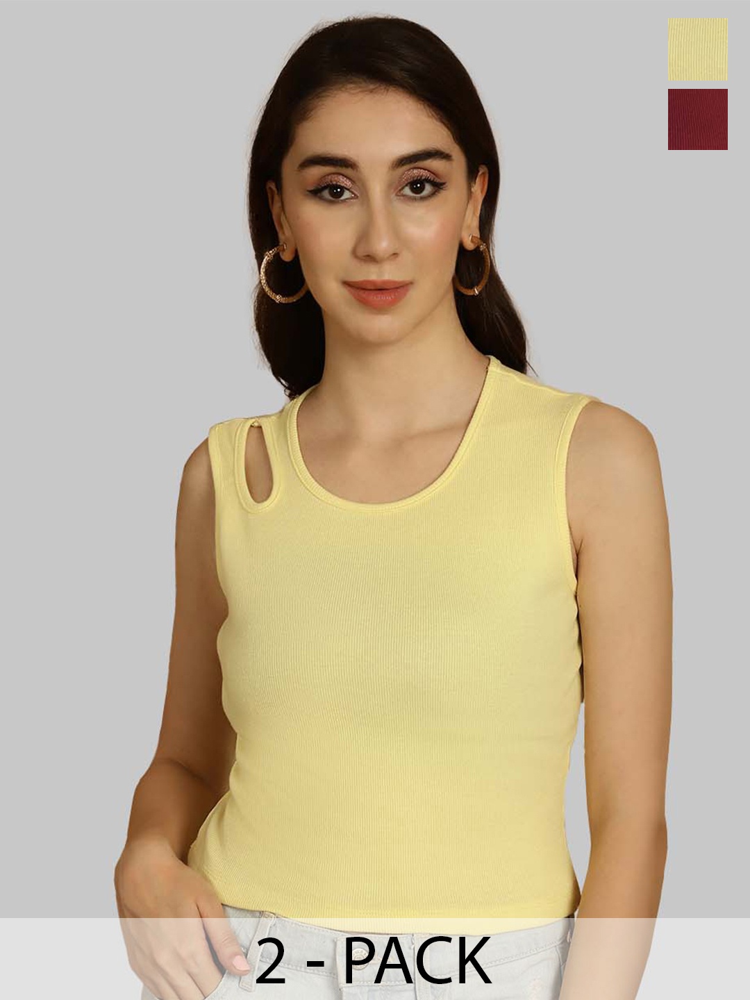 

Friskers Yellow & Maroon Keyhole Neck Cotton Sleeveless Top