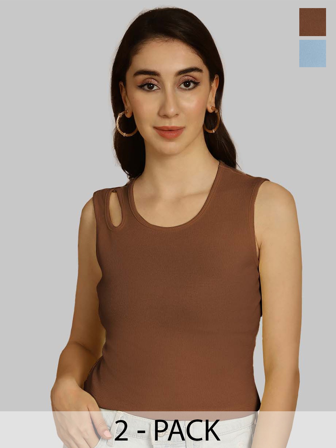 

Friskers Brown & Turquoise Blue Keyhole Neck Cotton Sleeveless Top