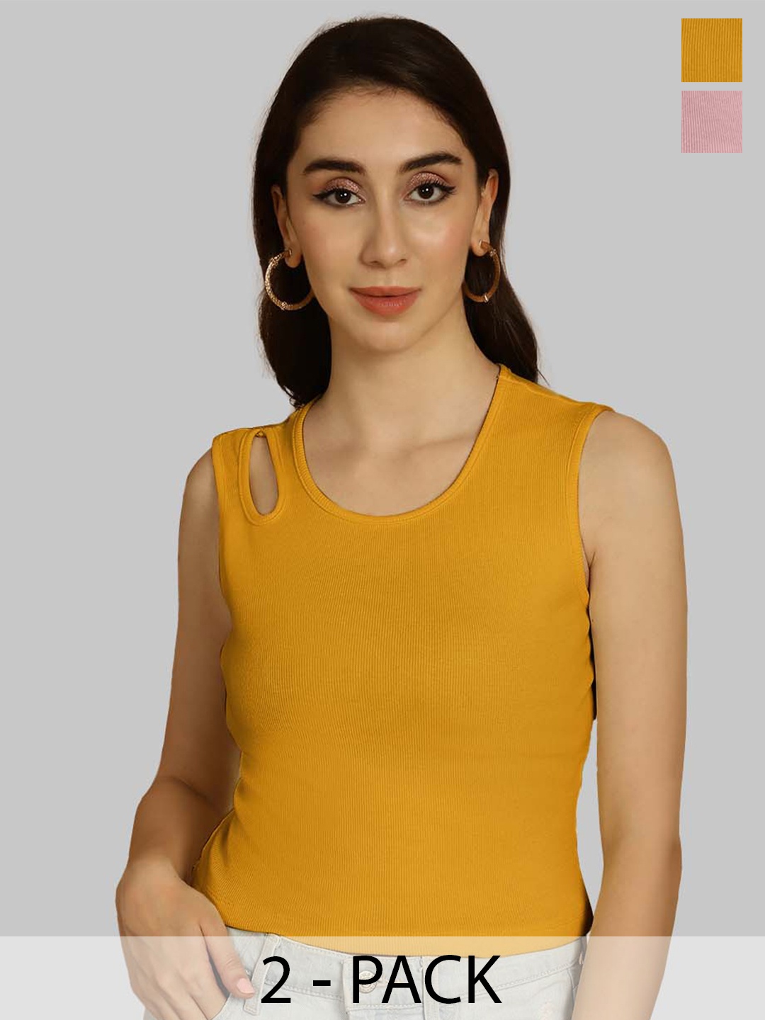 Friskers Mustard Yellow & Coral Keyhole Neck Cotton Sleeveless Top