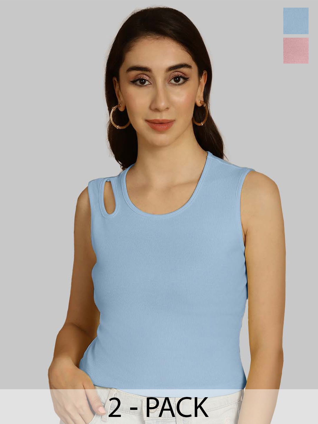

Friskers Turquoise Blue & Coral Keyhole Neck Cotton Sleeveless Top