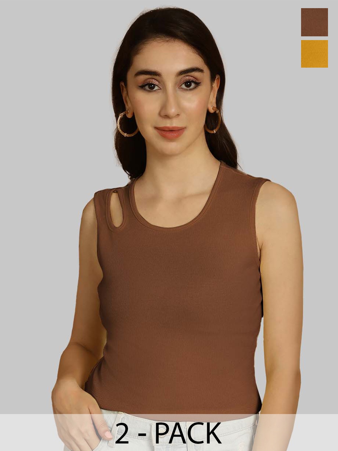 

Friskers Brown & Mustard Yellow Keyhole Neck Cotton Sleeveless Top