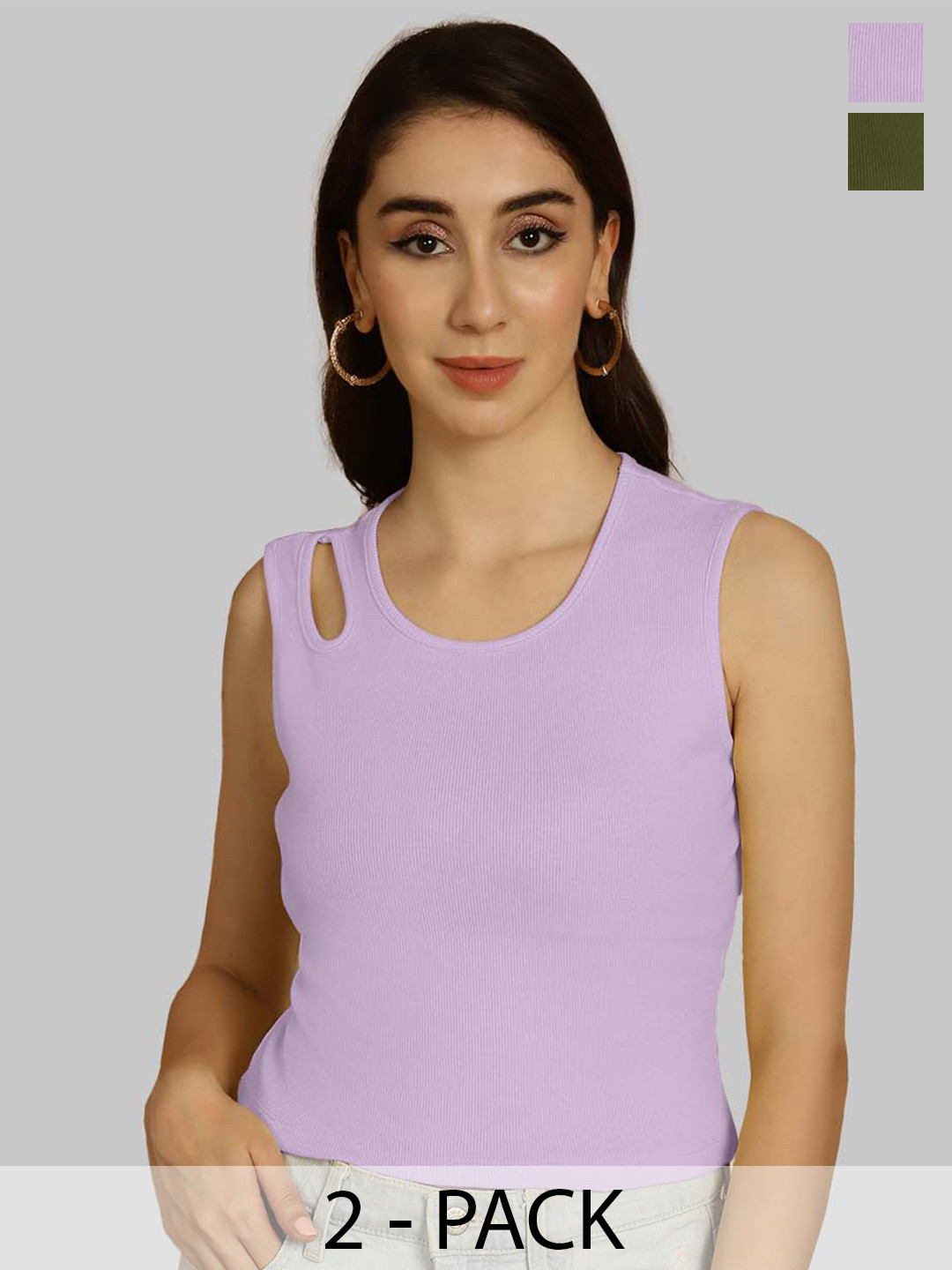 

Friskers Purple & Olive Green Keyhole Neck Cotton Sleeveless Top